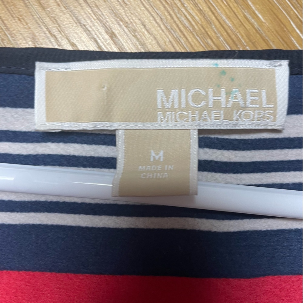 Michael Kors Red White and Blue Tunic Top 3/4 Sleeves Sheer Waist Tie - Picture 7 of 8